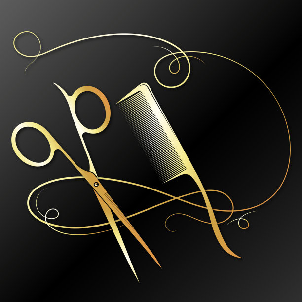金色剪刀和毛刷黑色背景设计图片下载