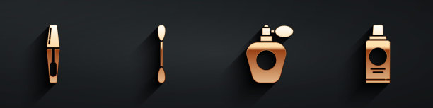 设置睫毛刷，棉签耳朵，香水和一瓶洗发水图标与长阴影。向量图片下载
