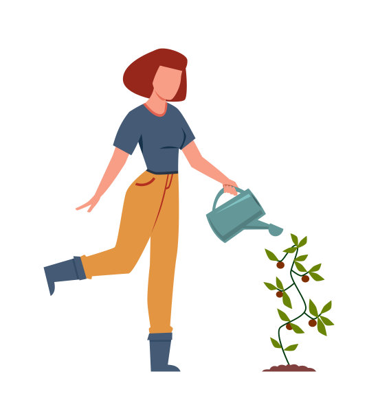 在花园里浇水的女人。女性人物用喷壶户外，后院园艺概念，卡通平面矢量孤立插图图片下载