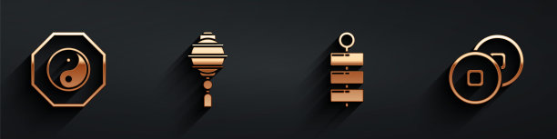 设置阴阳，中国纸灯笼，烟花和人民币货币图标与长影子。向量图片下载