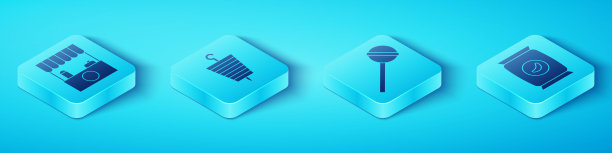 设置等距街摊位与遮阳篷，烤羊肉串，袋或包薯片和棒棒糖图标。向量图片下载