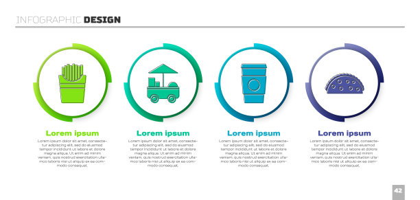 设置土豆薯条盒，快速街头食品车，咖啡杯和墨西哥玉米卷。业务信息图模板。向量图片下载
