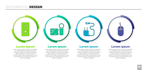 设置立体声扬声器，影院摄像机，充电器和电脑鼠标。业务信息图模板。向量图片下载