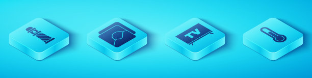 设置等距灯塔，照片，气象温度计和智能电视图标。向量图片下载