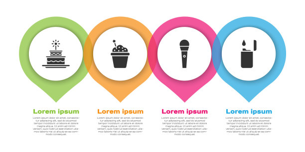 设置蛋糕与燃烧蜡烛，蛋糕，卡拉ok麦克风和打火机。业务信息模板。向量图片下载