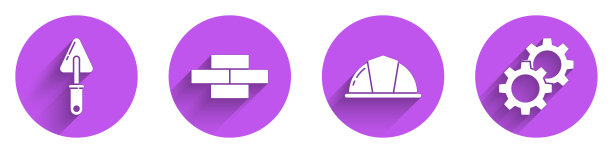 设置泥铲，砖，工人安全帽和齿轮图标与长影子。向量图片下载