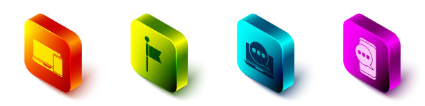 设置等距监视器和电话，位置标记，笔记本电脑上的聊天消息通知和电话图标上的聊天消息通知。向量图片下载