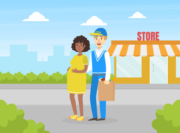 志愿者帮助孕妇携带购物袋矢量图，志愿慈善支持概念图片下载