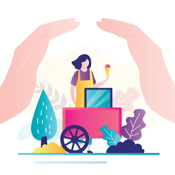 女商人的大手盖住了商店。小企业支持，保险理念。图片下载