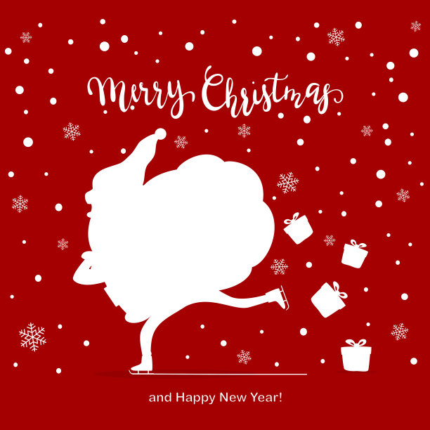 圣诞老人滑冰袋和圣诞礼物盒在红色的背景图片下载