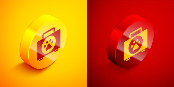 等距宠物急救箱图标隔离在橙色和红色背景。狗或猫的爪印。诊所的盒子。圆按钮。向量图片下载