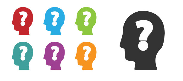 黑色人头与问号图标孤立在白色背景。设置彩色图标。向量图片下载