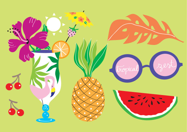 菠萝西瓜鸡尾酒热带夏日派对设置矢量图形元素图片下载