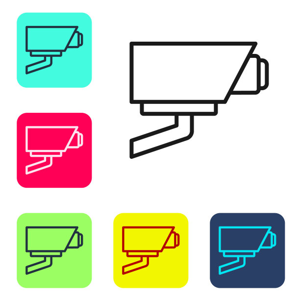 黑线安全摄像头图标隔离在白色背景。设置图标的颜色方形按钮。向量图片下载