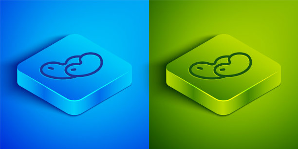 豆子图标孤立在蓝色和绿色背景上。方形按钮。向量图片下载