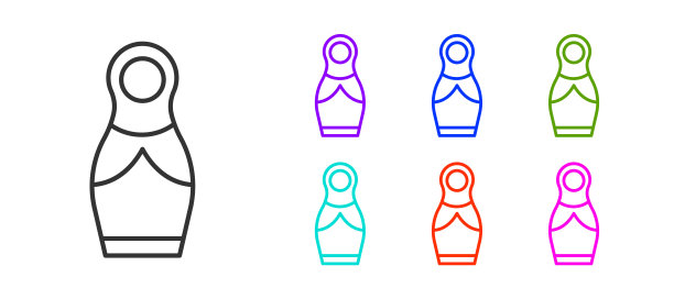 黑线俄罗斯娃娃俄罗斯套娃图标孤立在白色背景上。设置图标丰富多彩。向量图片下载