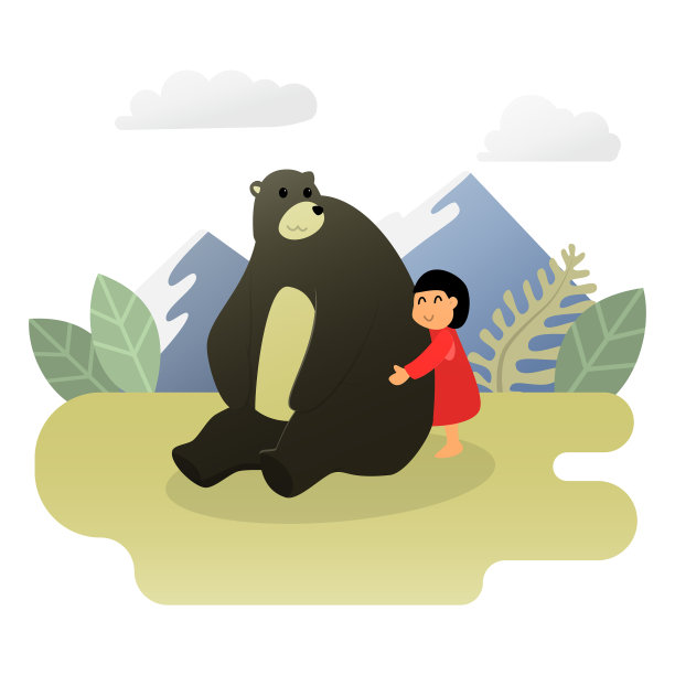 小女孩高兴地拥抱着灰熊图片下载