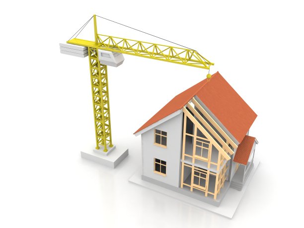 房子的3d渲染插图与开放的内部顶部。蓝图，文件，起重机和抵押贷款计算。图片下载