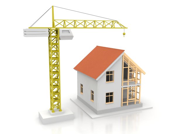 房子的3d渲染插图与开放的内部顶部。蓝图，文件，起重机和抵押贷款计算。图片下载