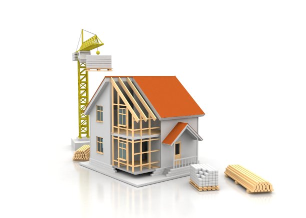 房子的3d渲染插图与开放的内部顶部。蓝图，文件，起重机和抵押贷款计算。图片下载