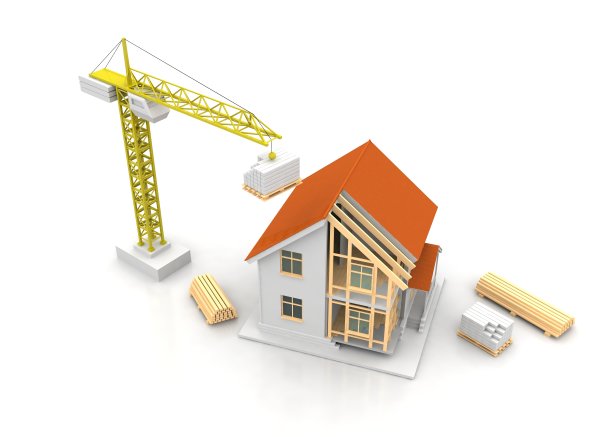 房子的3d渲染插图与开放的内部顶部。蓝图，文件，起重机和抵押贷款计算。图片下载