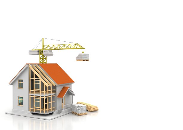 房子的3d渲染插图与开放的内部顶部。蓝图，文件，起重机和抵押贷款计算。图片下载