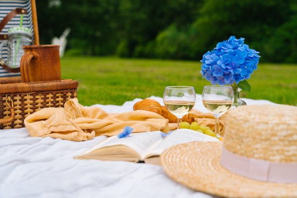 在阳光明媚的夏日野餐，有面包，水果，绣球花，酒杯酒，草帽，书和尤克里里琴。野餐篮子在草地上与食物和饮料在白色针织毯子。图片下载