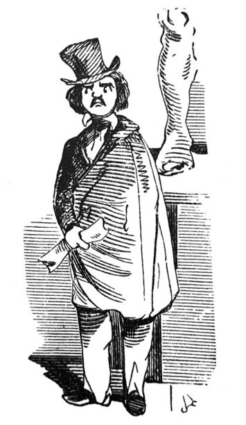 英国讽刺漫画卡通漫画插图-男人穿着斗篷和大衣站在雕像的腿旁图片下载