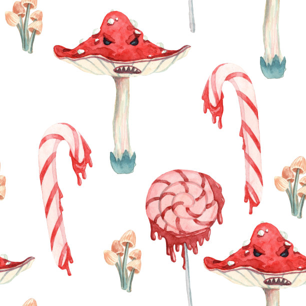 无缝模式与水彩手绘幽灵蘑菇和糖果图片下载