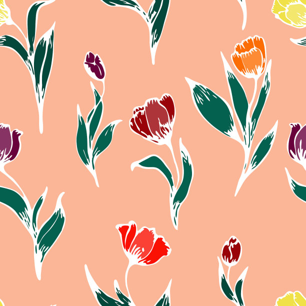 五彩缤纷的花朵和郁金香的叶子图片下载