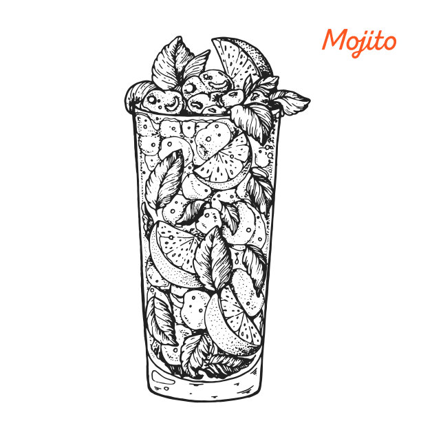 莫吉托鸡尾酒插图。酒精鸡尾酒手绘矢量插图。素描风格。图片下载