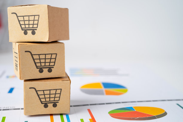 购物车标志框上的图形背景。银行账户，投资分析研究数据经济，贸易，进出口运输在线公司概念。图片下载