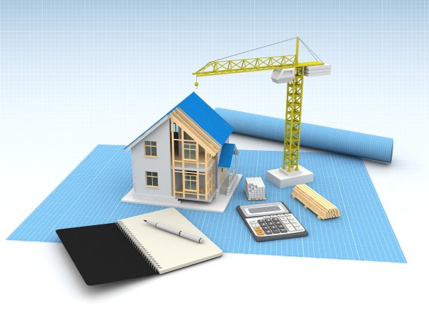 房子的3d渲染插图与开放的内部顶部。蓝图，文件，起重机和抵押贷款计算。图片下载