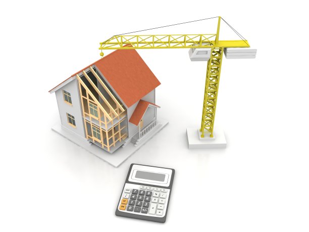 房子的3d渲染插图与开放的内部顶部。蓝图，文件，起重机和抵押贷款计算。图片下载