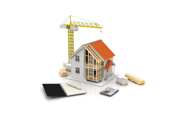 房子的3d渲染插图与开放的内部顶部。蓝图，文件，起重机和抵押贷款计算。图片下载
