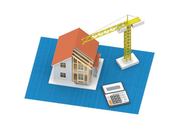 房子的3d渲染插图与开放的内部顶部。蓝图，文件，起重机和抵押贷款计算。图片下载