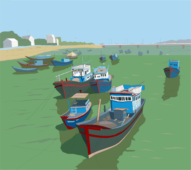 河上渔船开，山水写生，色彩饱满图片下载