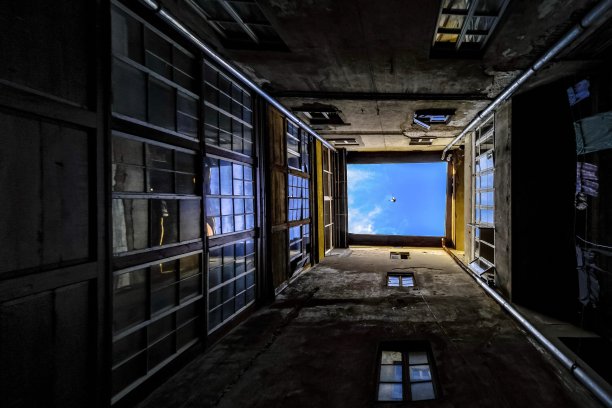 一只飞翔的鸽子飞过一座井屋。老房子墙内的一小片天空。的建筑。实现一个梦想图片下载