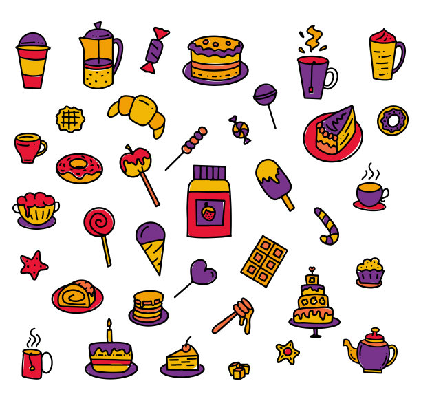 一套手工绘制的彩色元素为咖啡馆或餐馆菜单-多色涂鸦孤立在白色背景-矢量股票插图图片下载