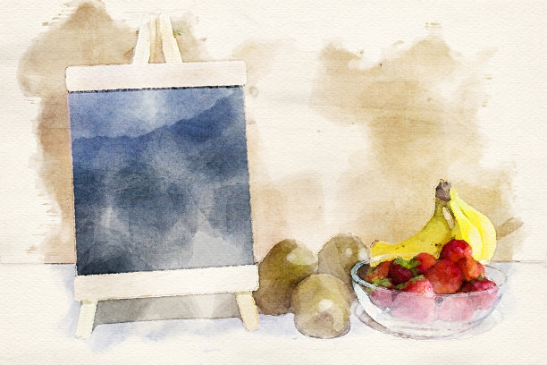 小黑板上有一碗水彩画水果图片下载