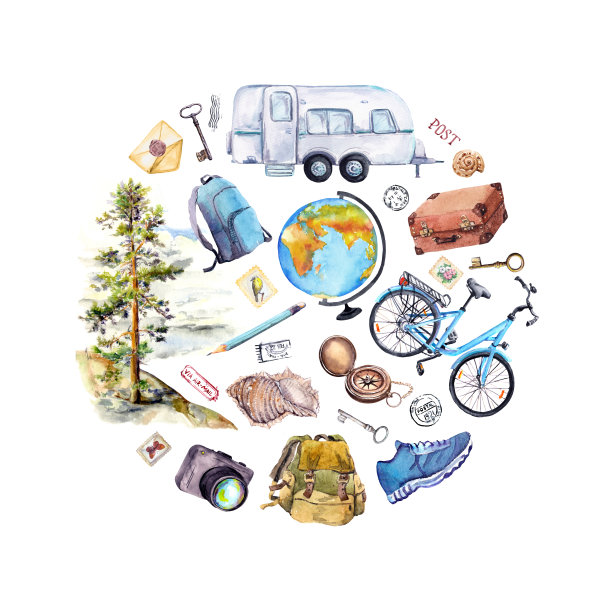 地球仪，指南针，自行车，拖车，手提箱，背包，邮票。旅游卡。手画水彩画图片下载