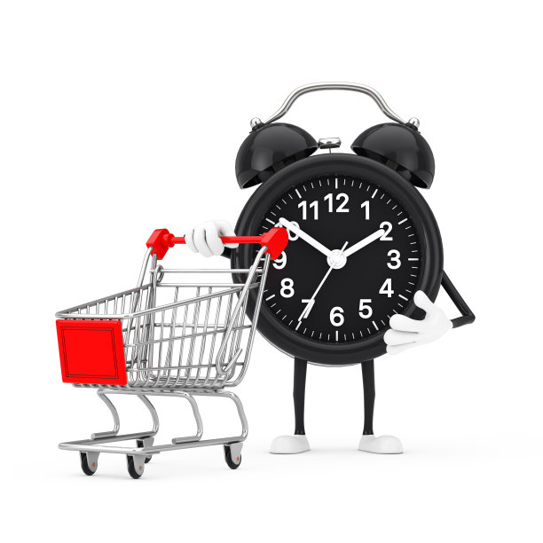 闹钟人物吉祥物与购物车手推车。3d渲染图片下载