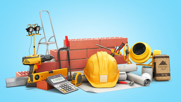 现代建筑成本概念，硬帽砖墙和卷尺在图纸旁边的计算器3d渲染蓝色梯度图片下载