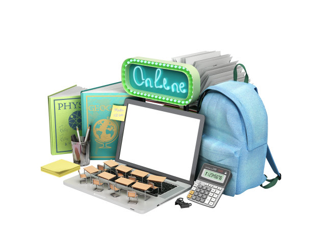 在线教育概念蓝色背包与学校用品和空屏幕笔记本电脑3d渲染白色没有阴影图片下载