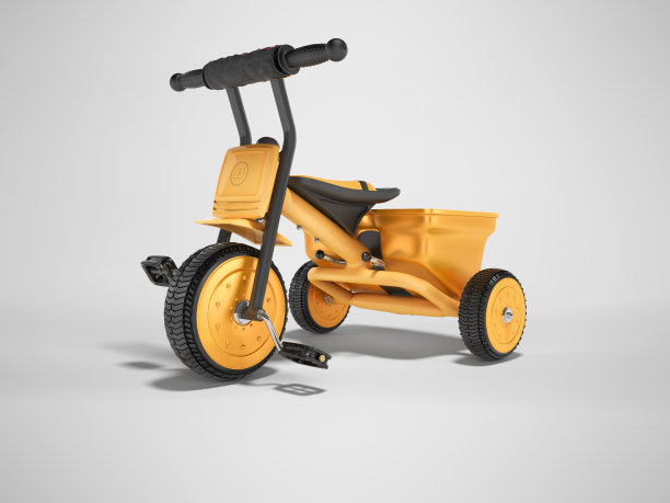 3D渲染橙色儿童三轮车儿童左边的灰色背景与阴影图片下载