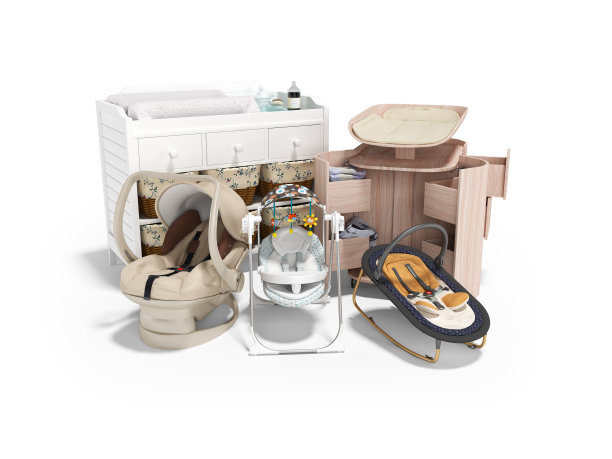 3D渲染变换桌变压器组儿童座椅为儿童在白色背景与阴影图片下载