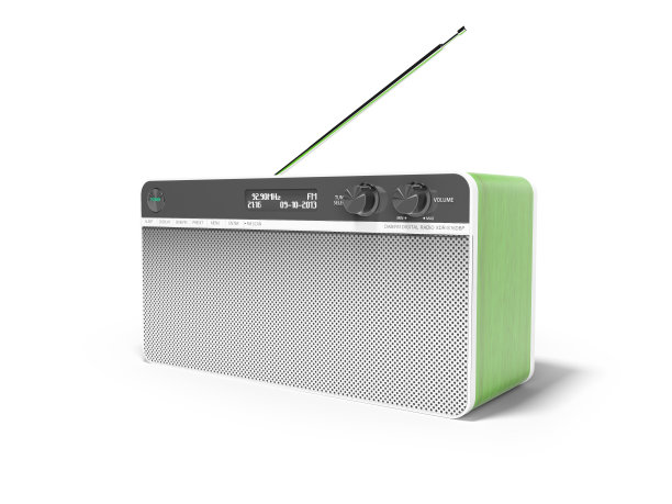 无线电柱与绿色木材插入3D渲染在白色背景与阴影图片下载