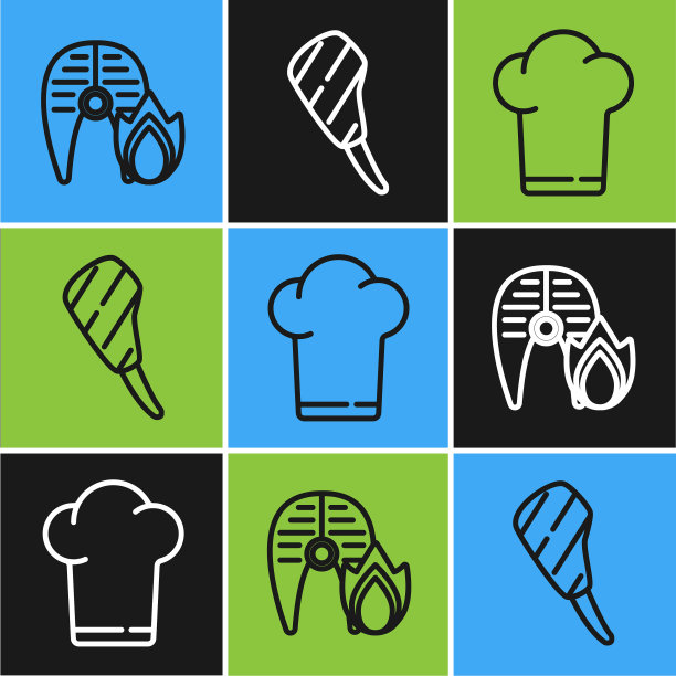 烤鱼排和火苗厨师图片下载