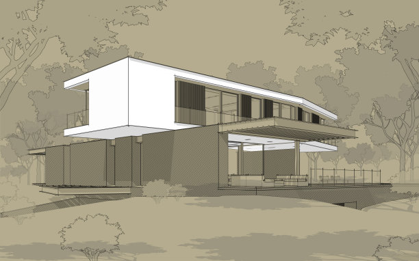 山上现代住宅的3d渲染，工艺背景上有水池黑线图片下载