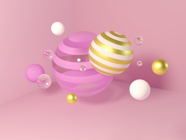 五彩缤纷的装饰球。抽象的三维插图与现实的球体。渲染成粉红色、透明和金色的球体。图片下载